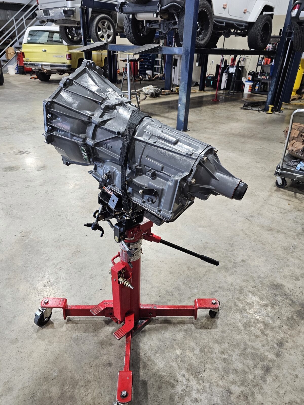 Completed transmission rebuild tagged by Top Notch Transmissions and ready for installation